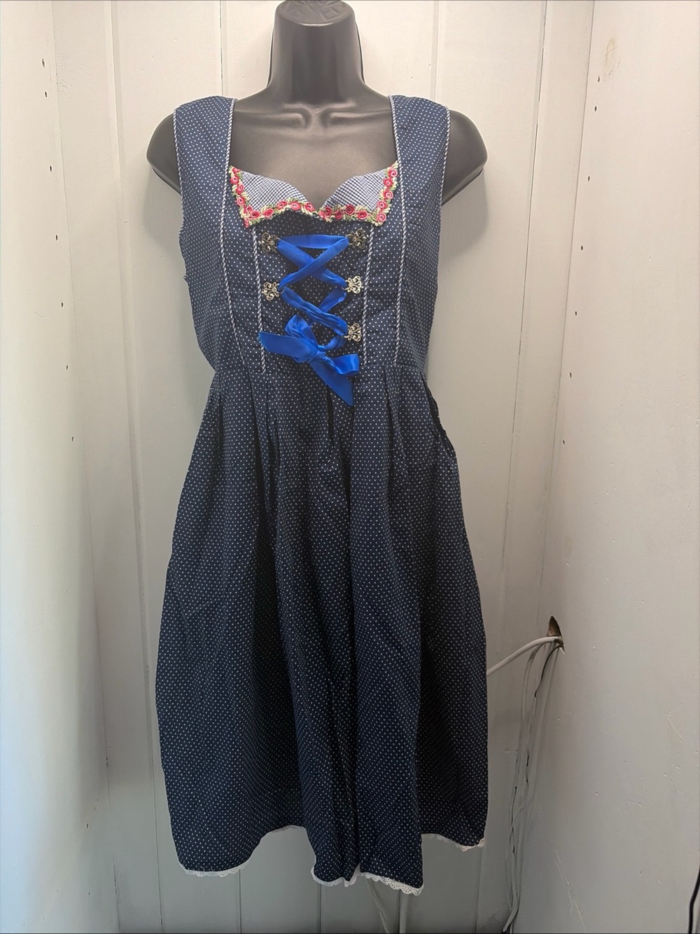 Glory Star M Dirndl Dress Blue Dot Adjustable Lace Up Embroidered Oktoberfest